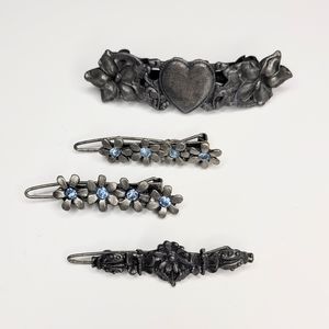 Vintage metal hair barrettes gemstones flowers and heart clasps